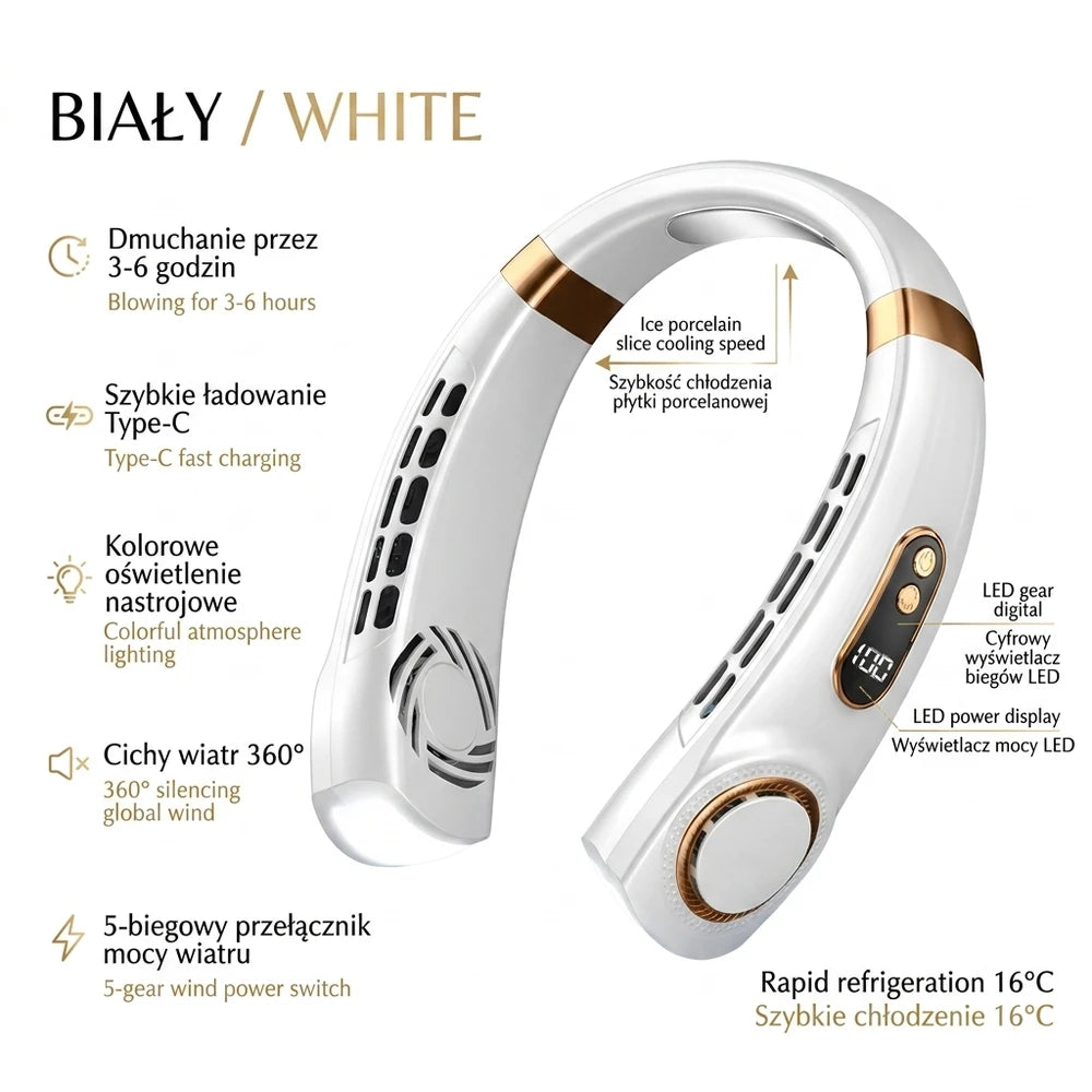 Alvors™ Mini bezłopatkowy wentylator na szyję z wyświetlaczem LED USB