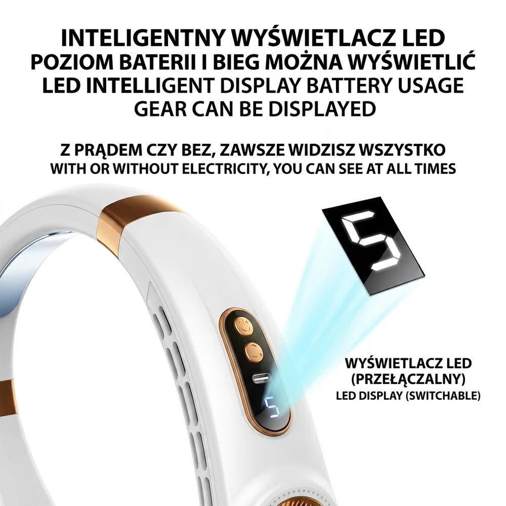 Alvors™ Mini bezłopatkowy wentylator na szyję z wyświetlaczem LED USB